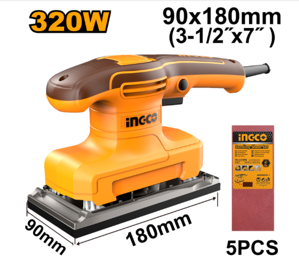 INGCO Rectangular Orbital Sander 320W with 5 Sanding Sheets