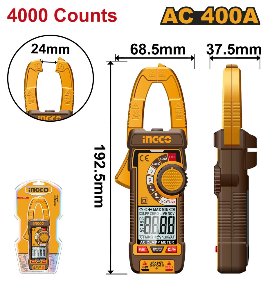 INGCO Digital Clamp Meter 600V / 400A