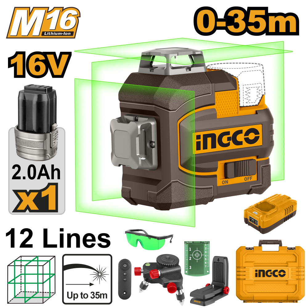 INGCO 3D Wireless Laser Level 16V Green with 2Ah Battery