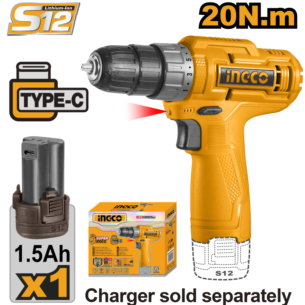 INGCO Cordless Drill 12V – 1 Battery