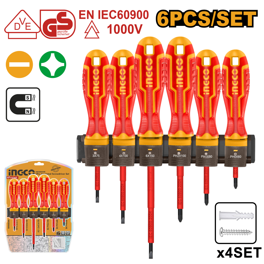 INGCO Insulated Screwdriver Set – 6 Piece Flat & Phillips