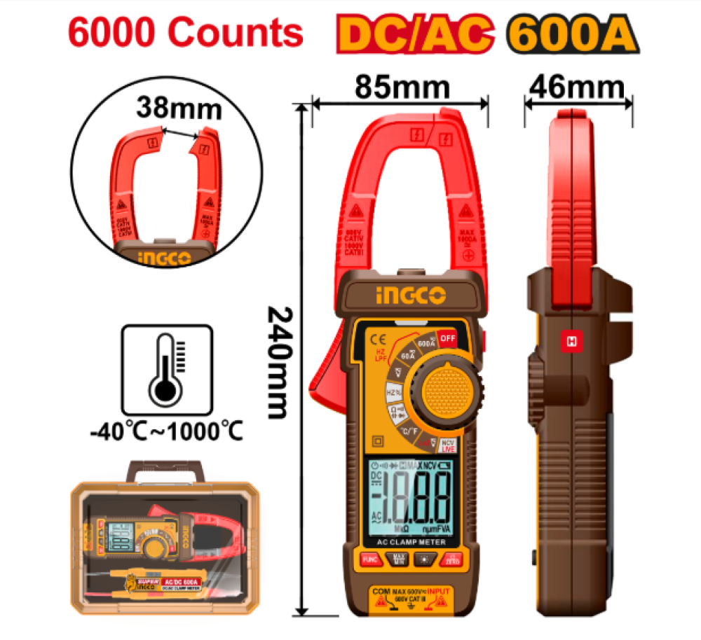 INGCO Digital Clamp Meter AC/DC 600A / 600V True RMS