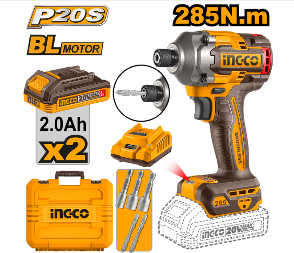 INGCO Cordless Impact Driver 20V 285Nm – 2×2Ah Batteries