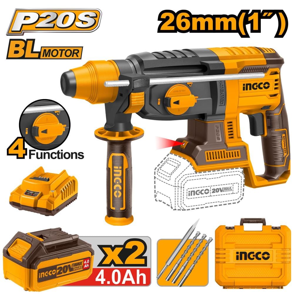 INGCO Cordless Rotary Hammer Drill 20V – 2×4Ah Batteries
