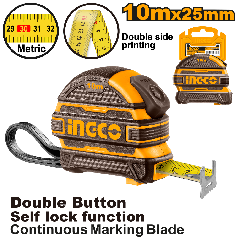INGCO Measuring Tape 10m × 25mm Rubber Grip