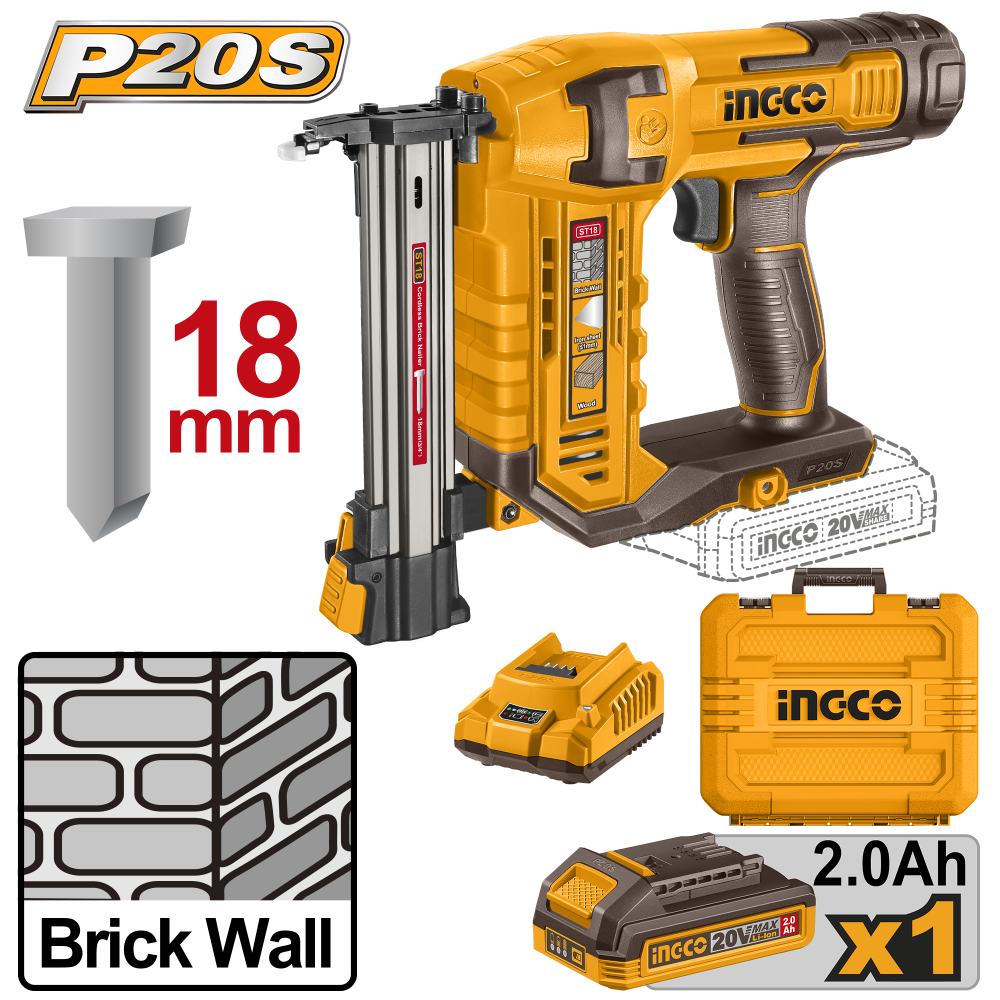 INGCO Cordless Nail Gun 20V with 2Ah Battery & Charger