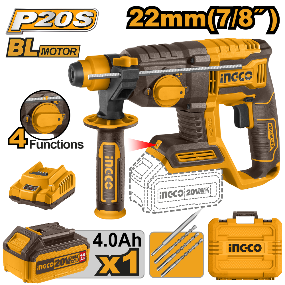 INGCO Cordless SDS Hammer Drill 20V 22mm – 4Ah Battery & 3 Bits