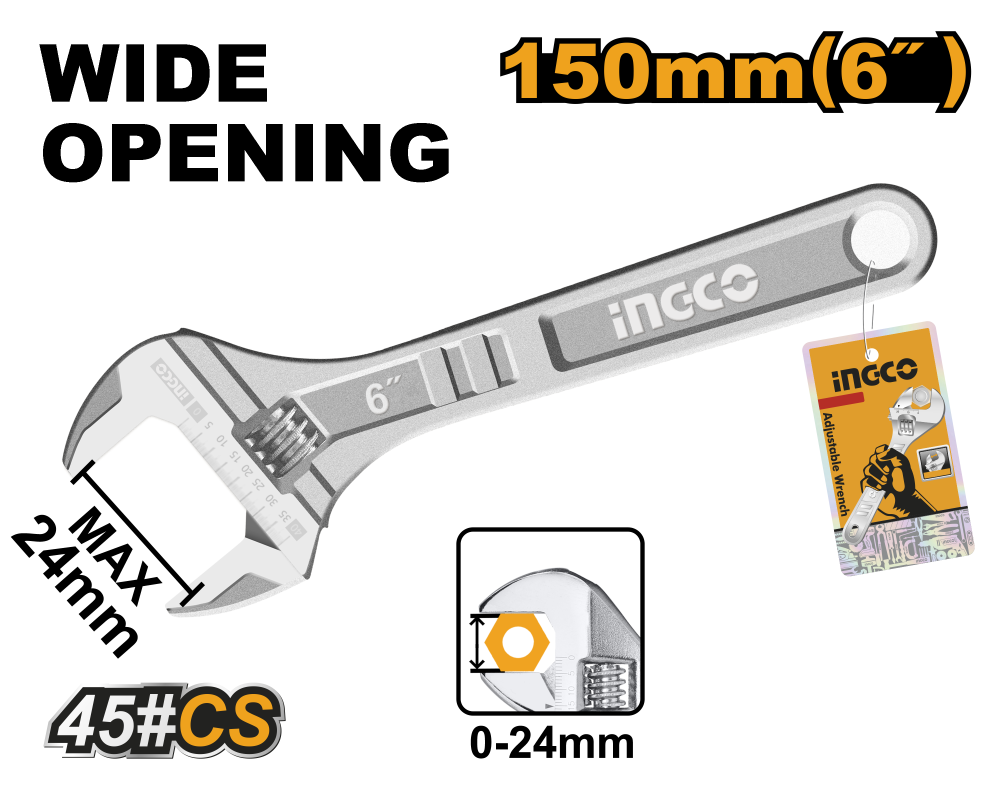 INGCO Adjustable Spanner 0–24mm 6"
