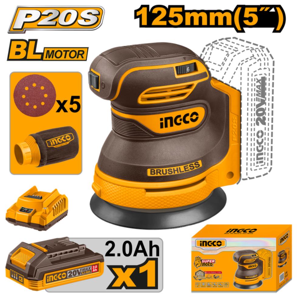 INGCO Cordless Random Orbital Sander 20V 125mm with Battery & Charger