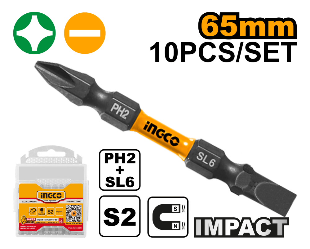 INGCO PH2+SL Screwdriver Bits 10-Piece Magnetic