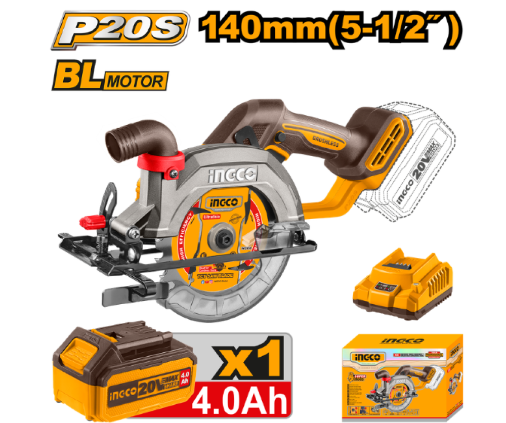 INGCO Cordless Circular Saw 20V with 4Ah Battery & Charger