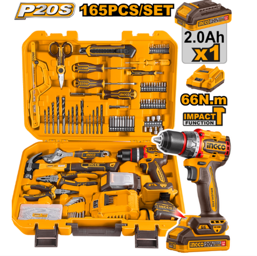 INGCO Cordless Drill 20V 66Nm with 165-Piece Accessory Set