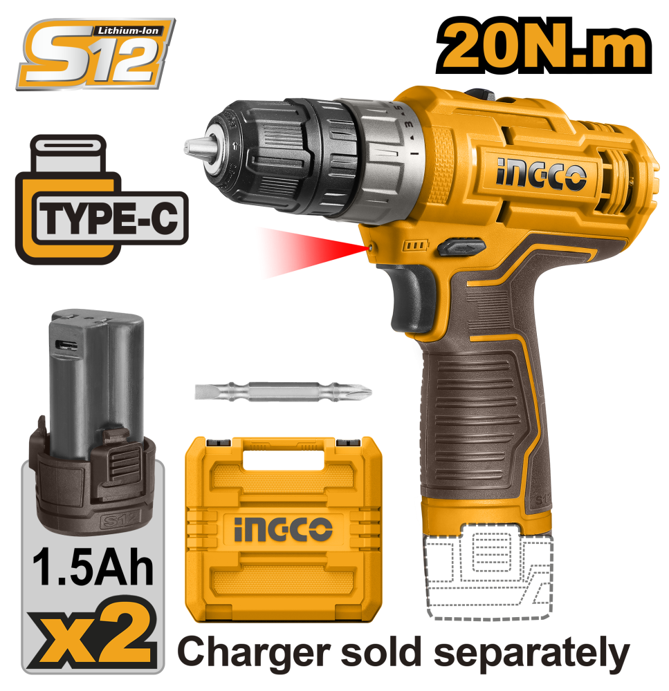 INGCO Cordless Drill 12V – 2 Batteries