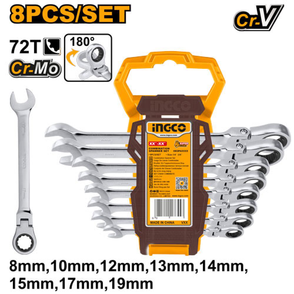 INGCO Auto-Reversible Ratchet Spanner Set – 8 Piece