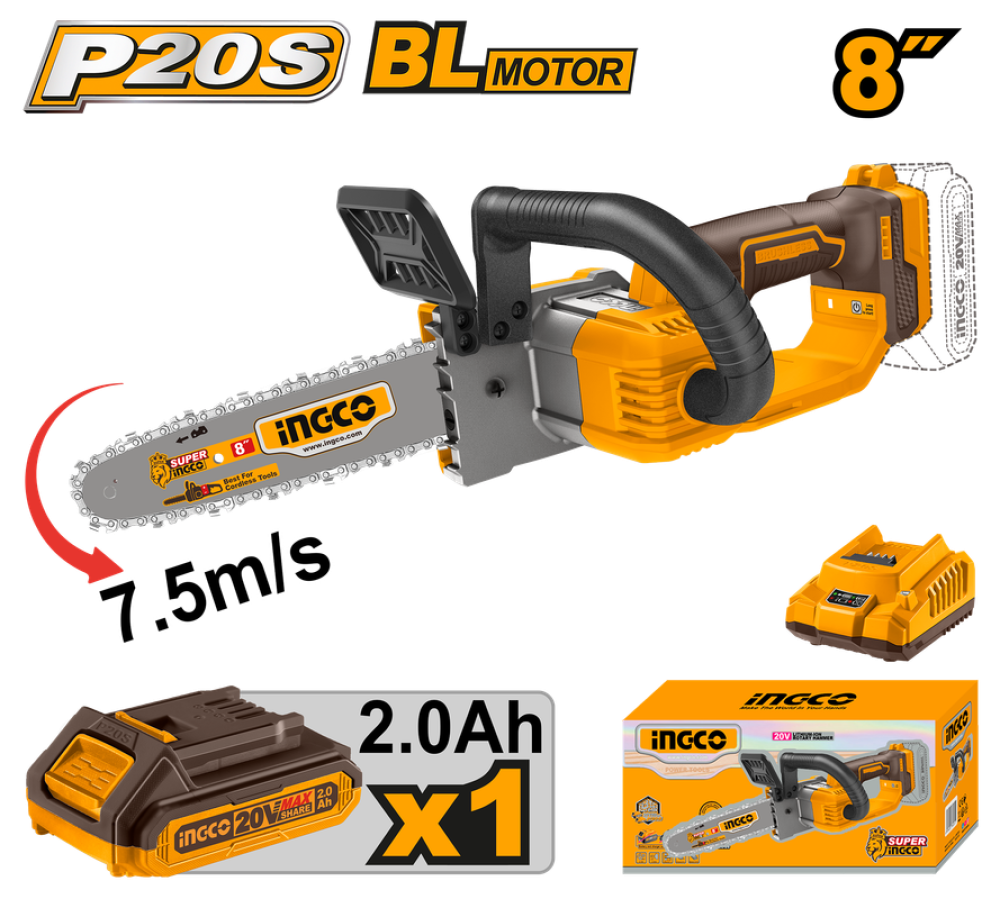INGCO Cordless Chainsaw 20V 8" with Battery & Charger