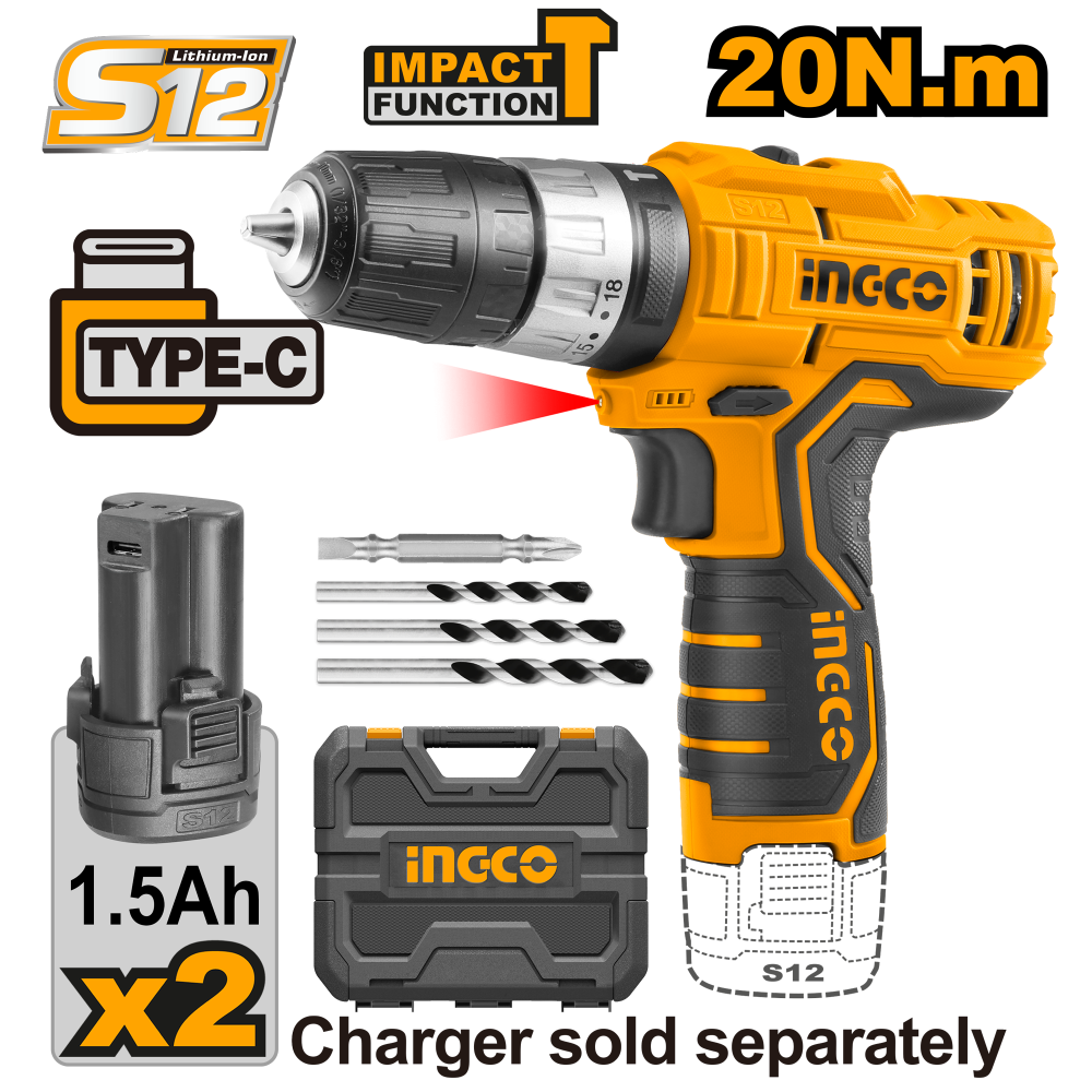 INGCO Cordless Hammer Drill 12V – 2 Batteries