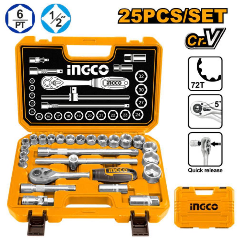 INGCO 1/2" Socket Wrench Case with 25-Piece Set