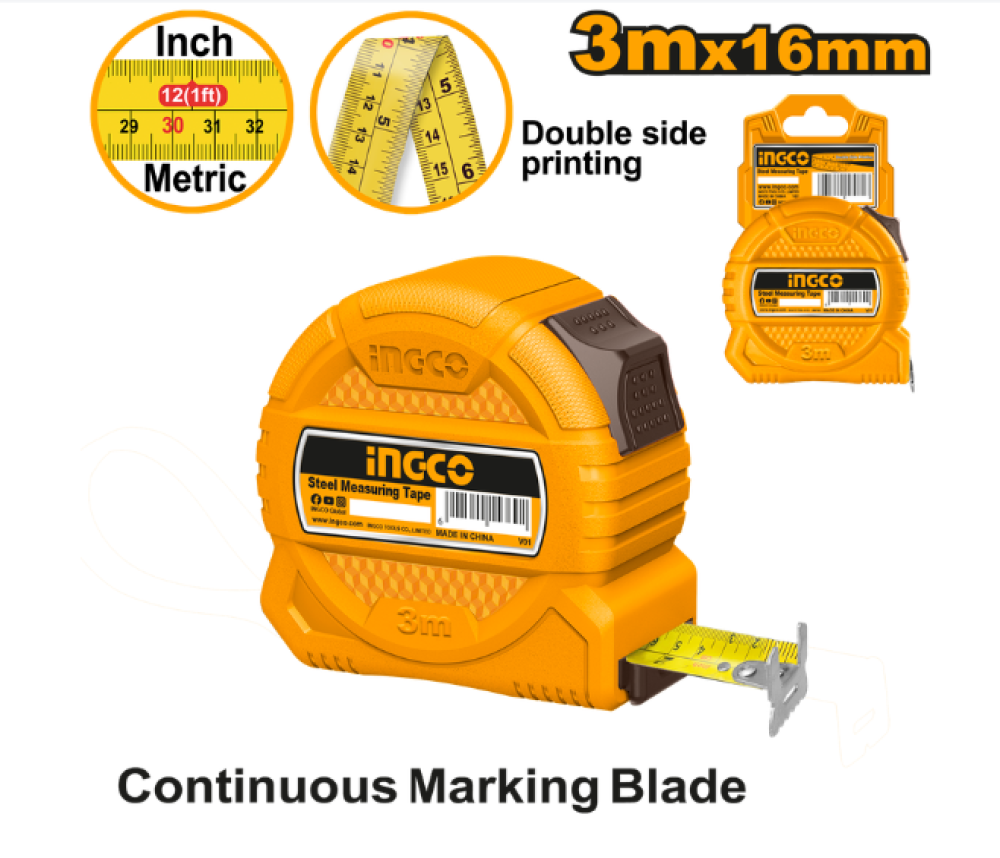 INGCO Steel Measuring Tape 3m × 16mm – Double Sided