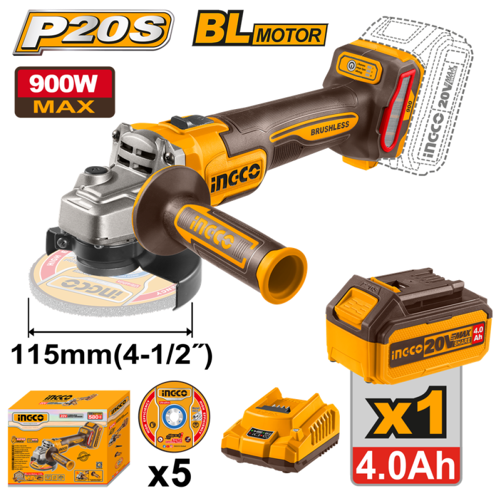 INGCO Cordless Angle Grinder 20V 4.5" 900W – 4Ah Battery & 5 Discs
