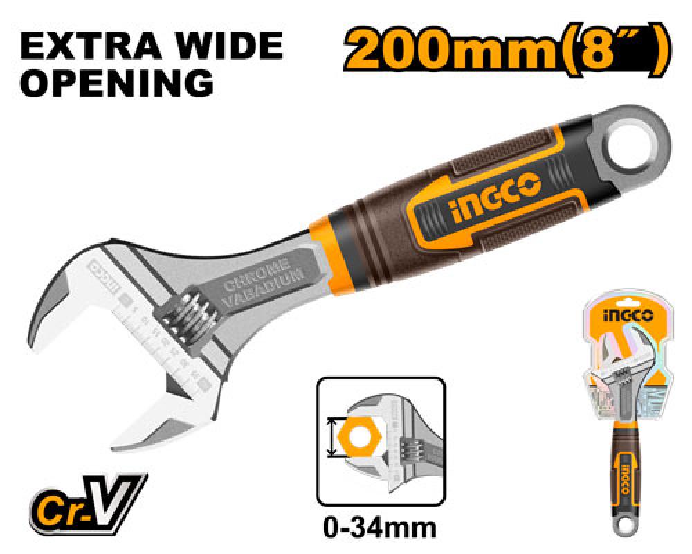 INGCO Adjustable Spanner 0–34mm 8" Rubber Handle
