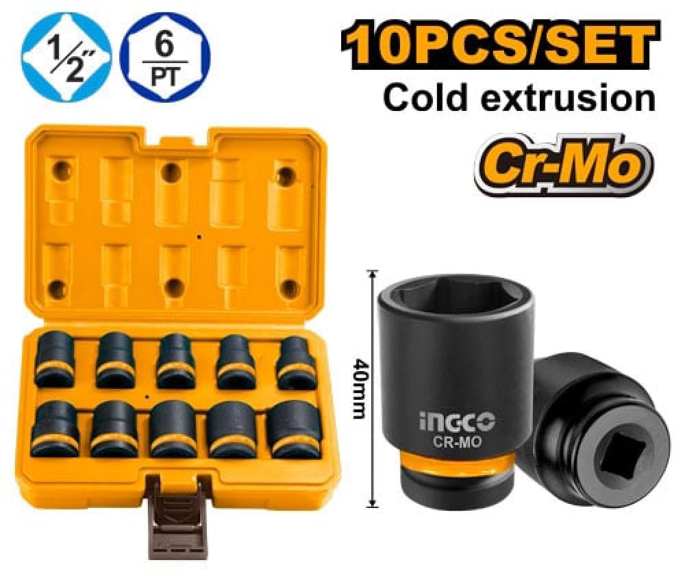 INGCO Air Impact Socket Set 10-Piece 1/2" 10–24mm