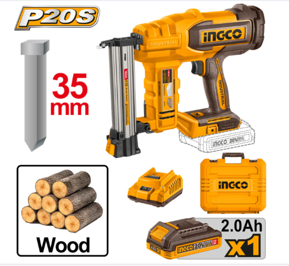 INGCO Cordless Pneumatic Nailer 20V 35mm with Battery & Charger