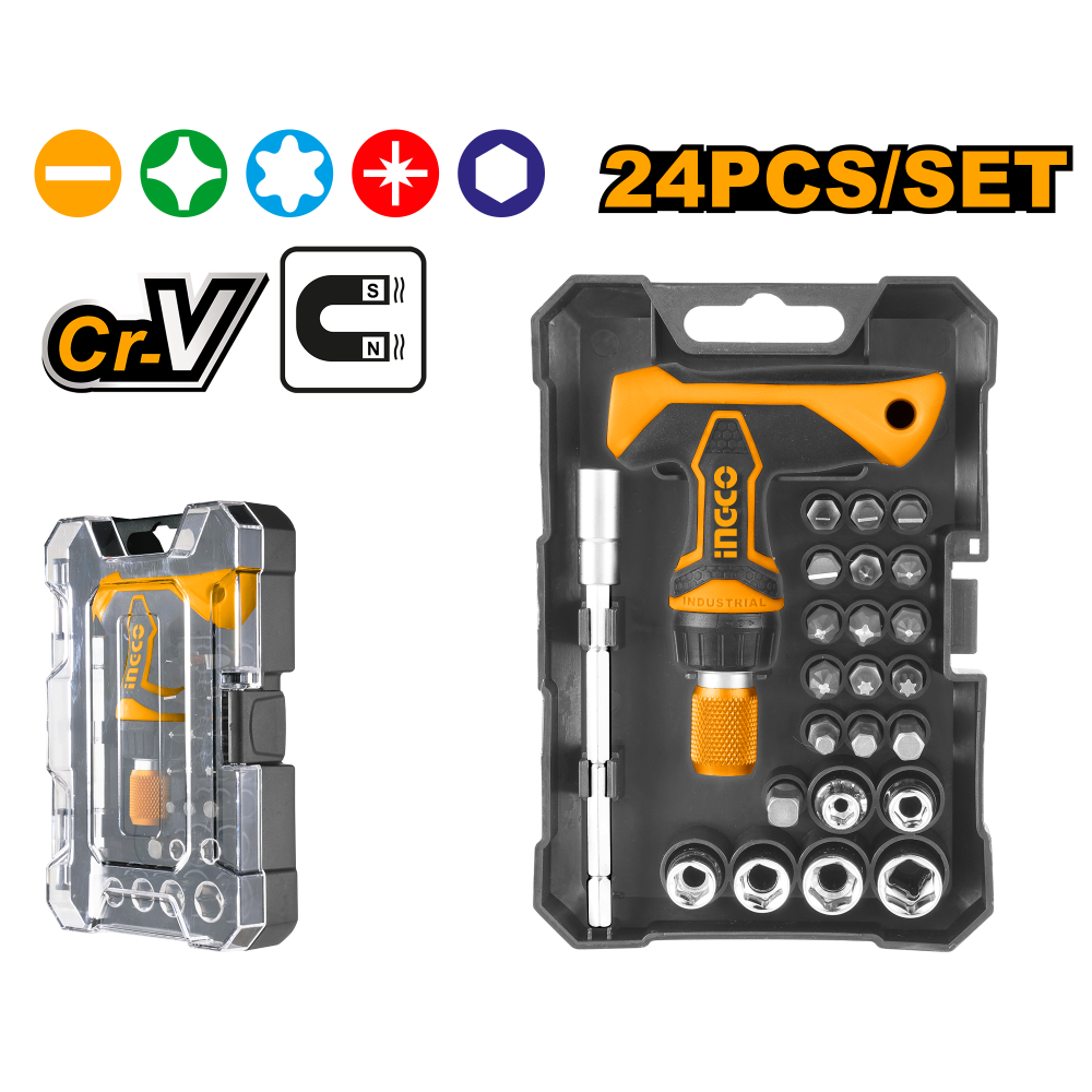 INGCO T-Handle Ratchet Screwdriver Set – 24 Piece