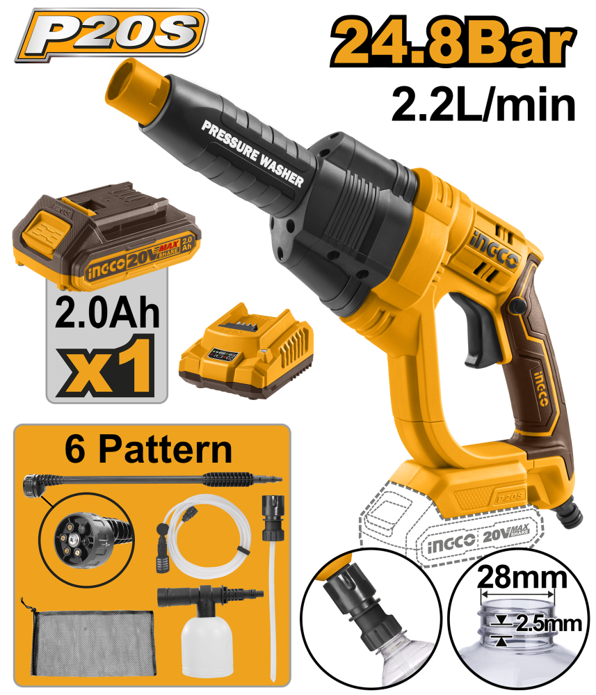 INGCO Cordless Pressure Washer 20V with Battery & Charger