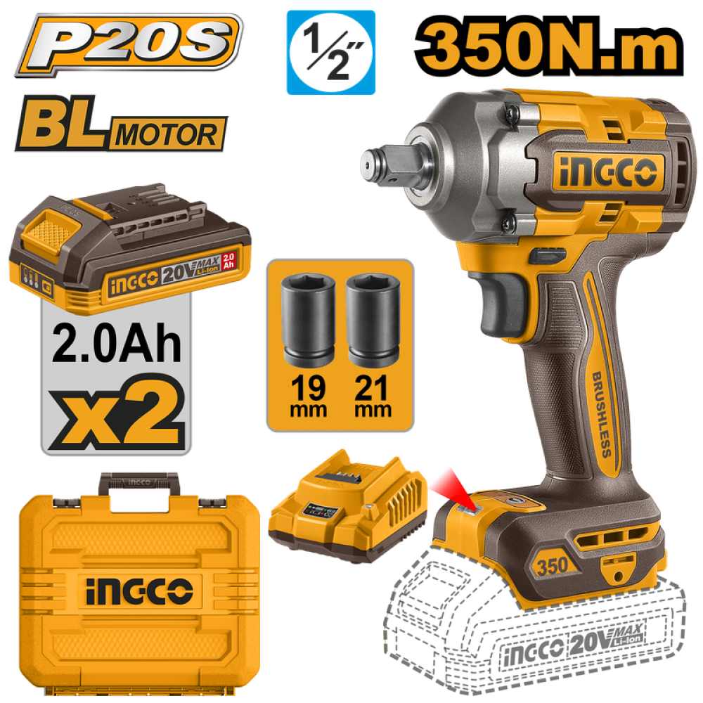 INGCO Cordless Brushless Impact Wrench 20V 1/2" 350Nm