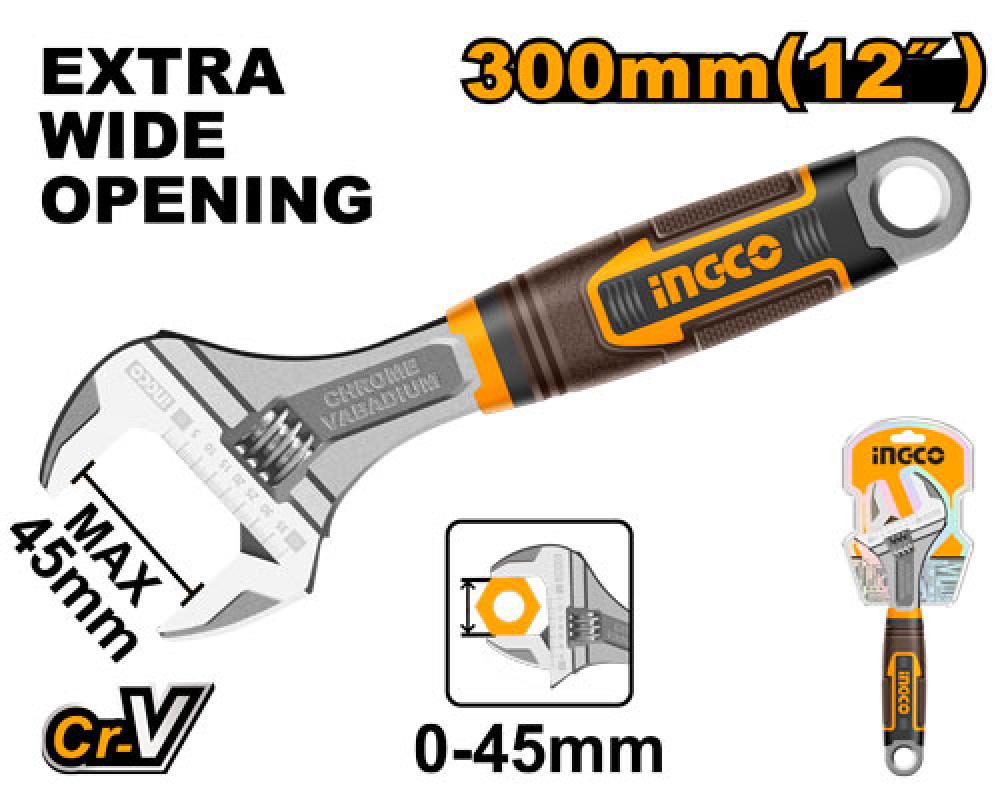 INGCO Adjustable Spanner 0–45mm 12" Rubber Handle