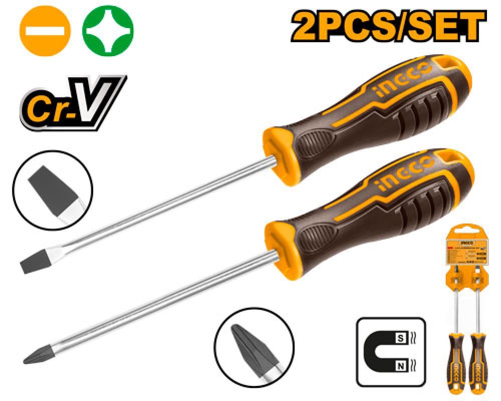 INGCO Magnetic Screwdriver Set – 2 Piece Flat & Phillips