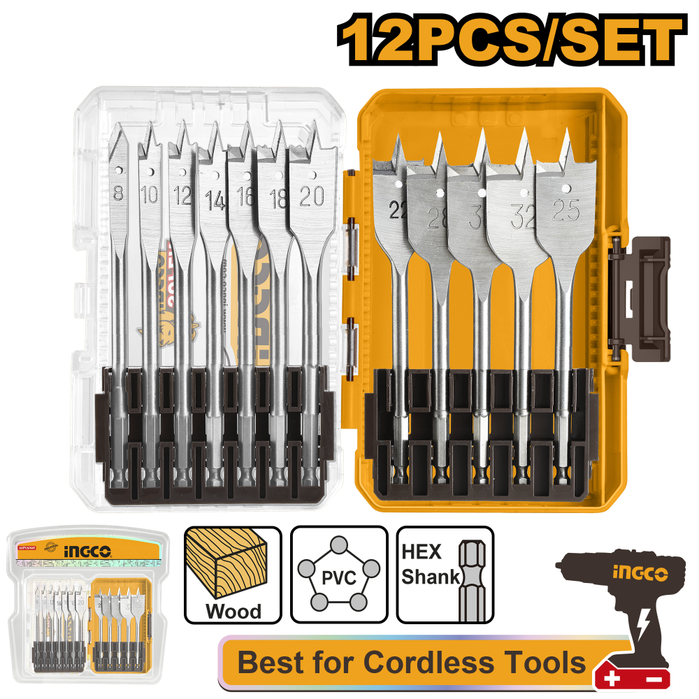 INGCO Flat Wood Drill Bit Set – 12 Piece