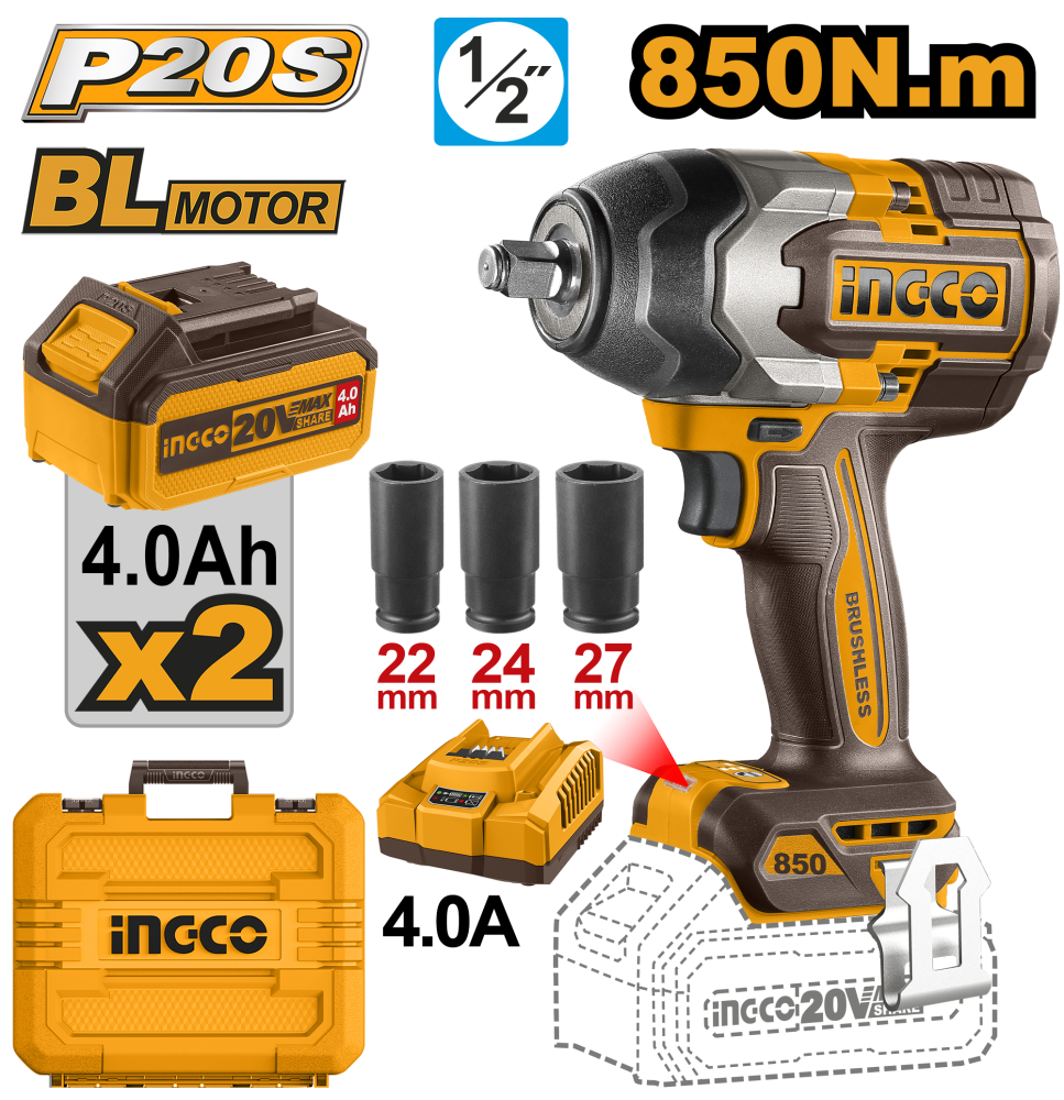 INGCO Cordless Impact Wrench 1/2" 20V 850Nm – 2×4Ah Batteries