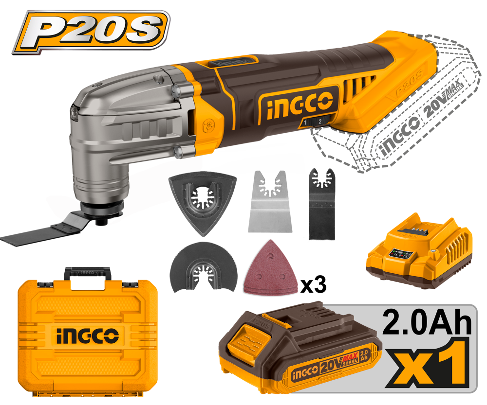 INGCO Cordless Multi-Tool 20V with Battery, Charger & Accessories