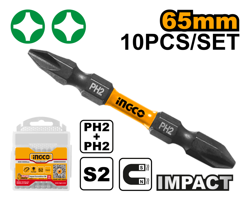INGCO PH1+PH1 Screwdriver Bits 10-Piece Magnetic