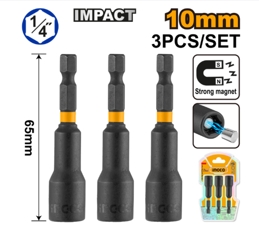 INGCO Magnetic Nut Setter Set – 3 Piece 10mm Hex