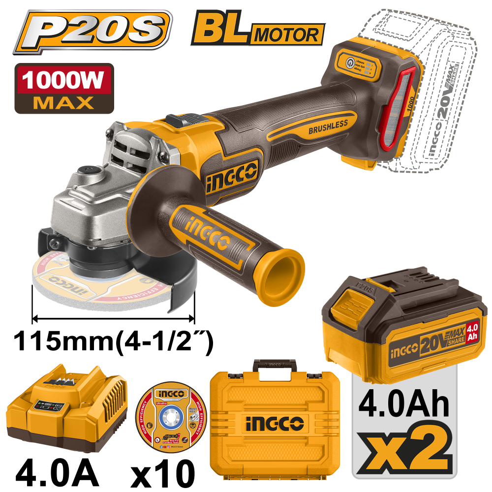 INGCO Cordless Angle Grinder 4.5" 20V 1000W with 2×4Ah Batteries