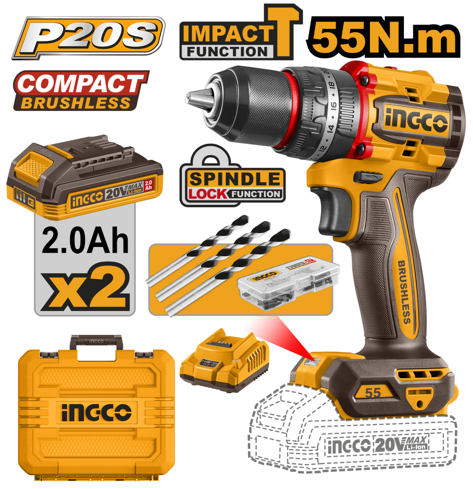 INGCO Cordless Hammer Drill 20V – 2 Batteries with Charger & Case