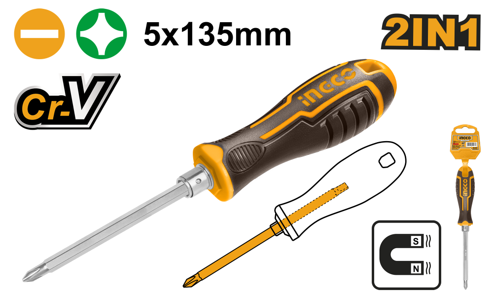 INGCO 2-in-1 Reversible Screwdriver Flat & Phillips 5×135mm